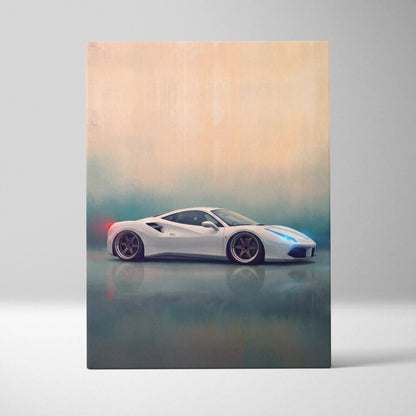 White ferrari 488 gtb inspired canvas art with sleek aerodynamic design and black alloy wheels for automotive wall decor