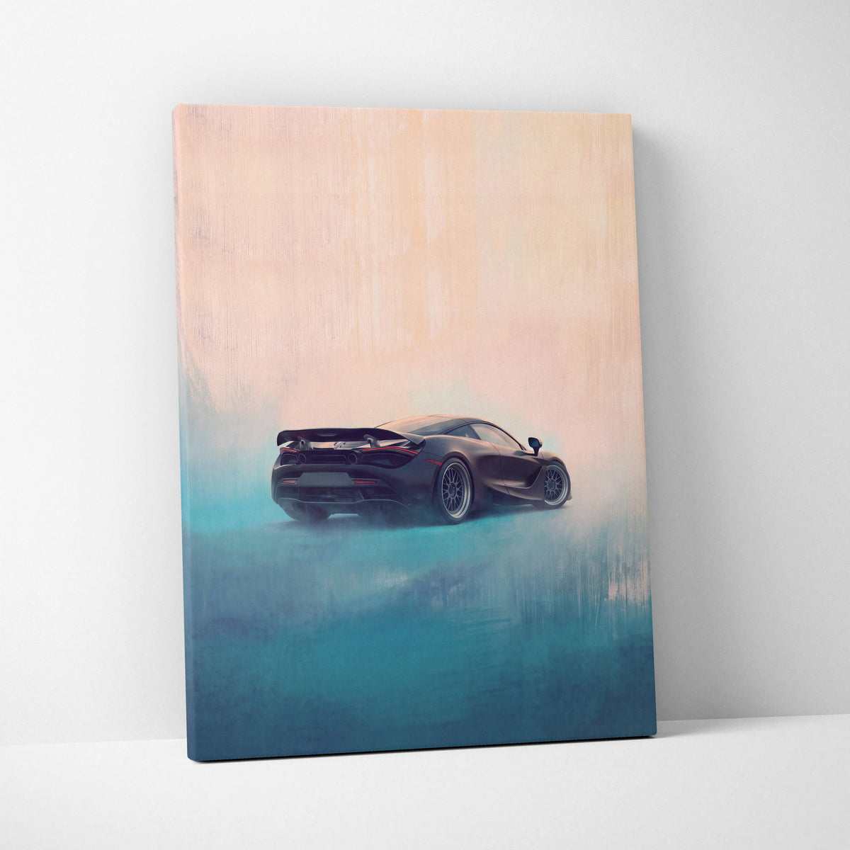 Black McLaren 720S sports car wall art canvas print with gradient peach and teal background track edition design