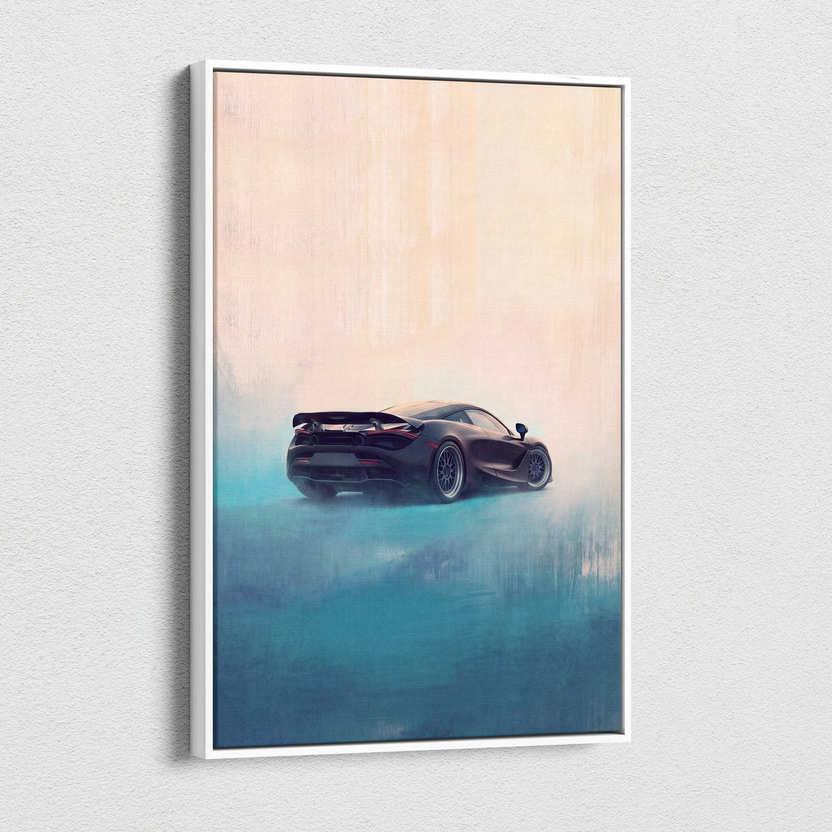 Black mclaren 720s inspired sports car wall art with teal and peach gradient background on canvas print