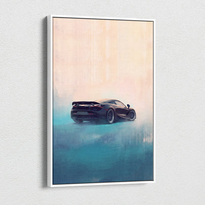 Black mclaren 720s inspired sports car wall art with teal and peach gradient background on canvas print
