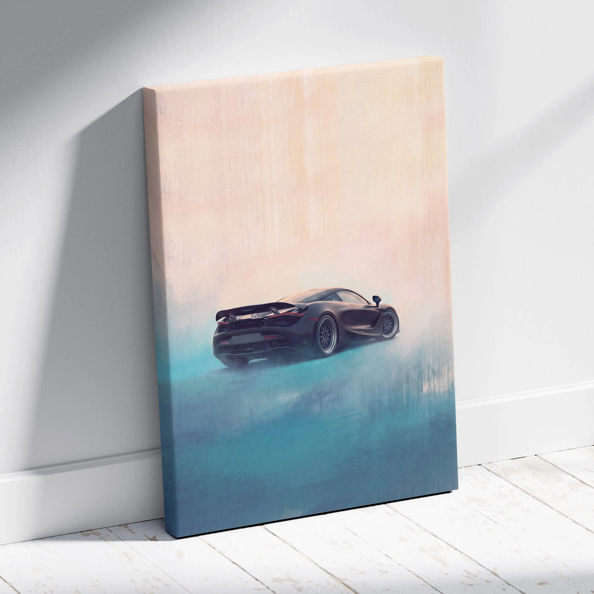 McLaren 720S inspired car wall art featuring a sleek black sports car on a canvas with peach and teal gradient background