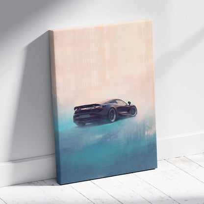 McLaren 720S inspired car wall art featuring a sleek black sports car on a canvas with peach and teal gradient background