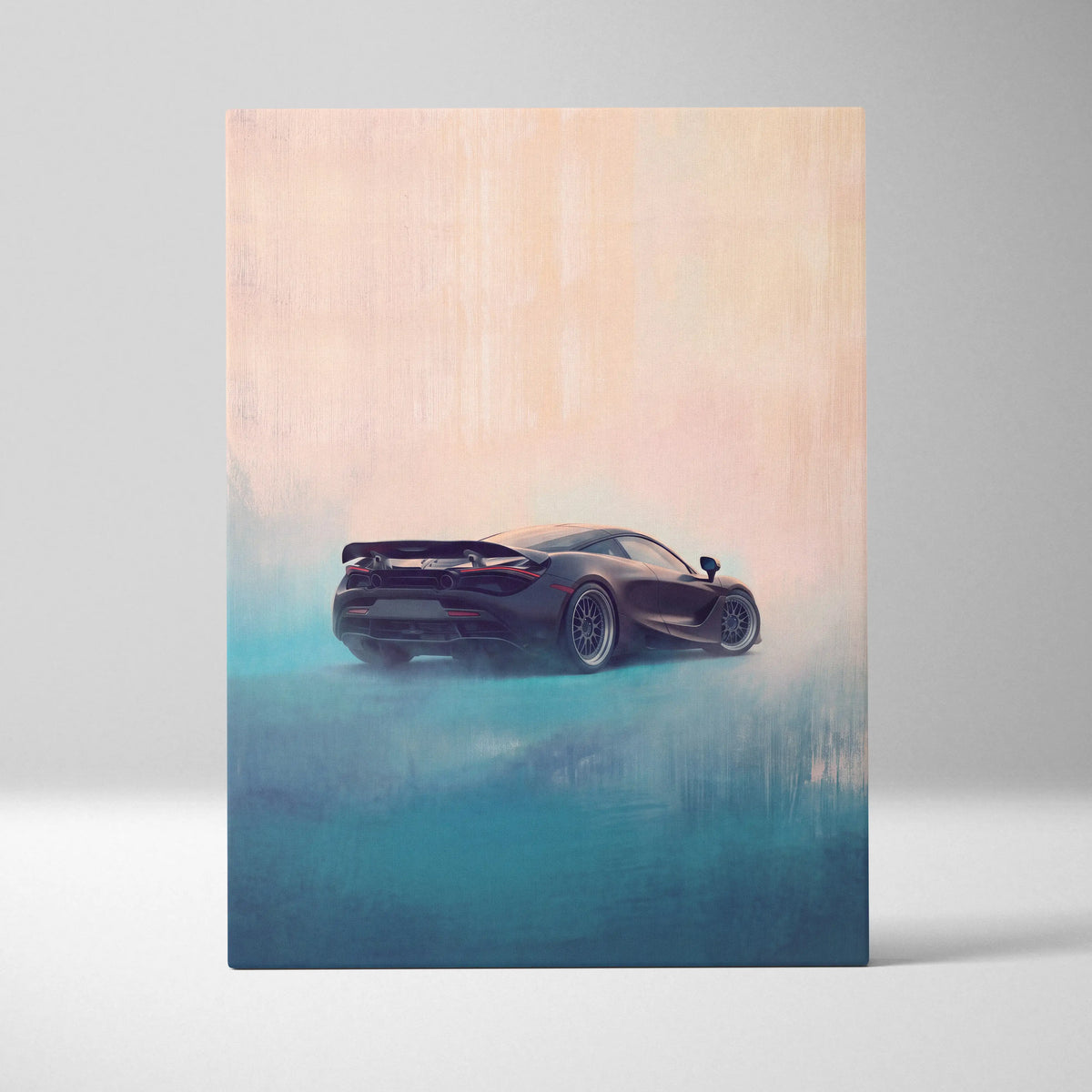 Black mclaren 720s sports car wall art featuring stylized painterly design with teal and peach gradient background on canvas