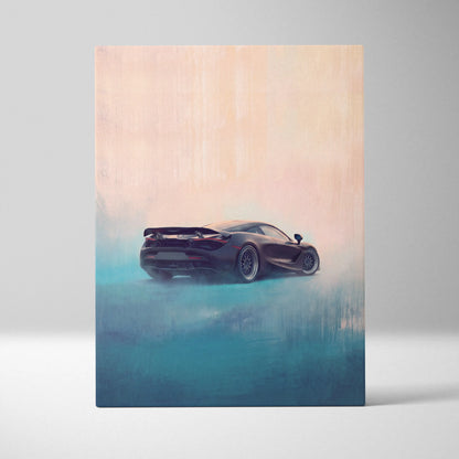 Black mclaren 720s sports car wall art featuring stylized painterly design with teal and peach gradient background on canvas