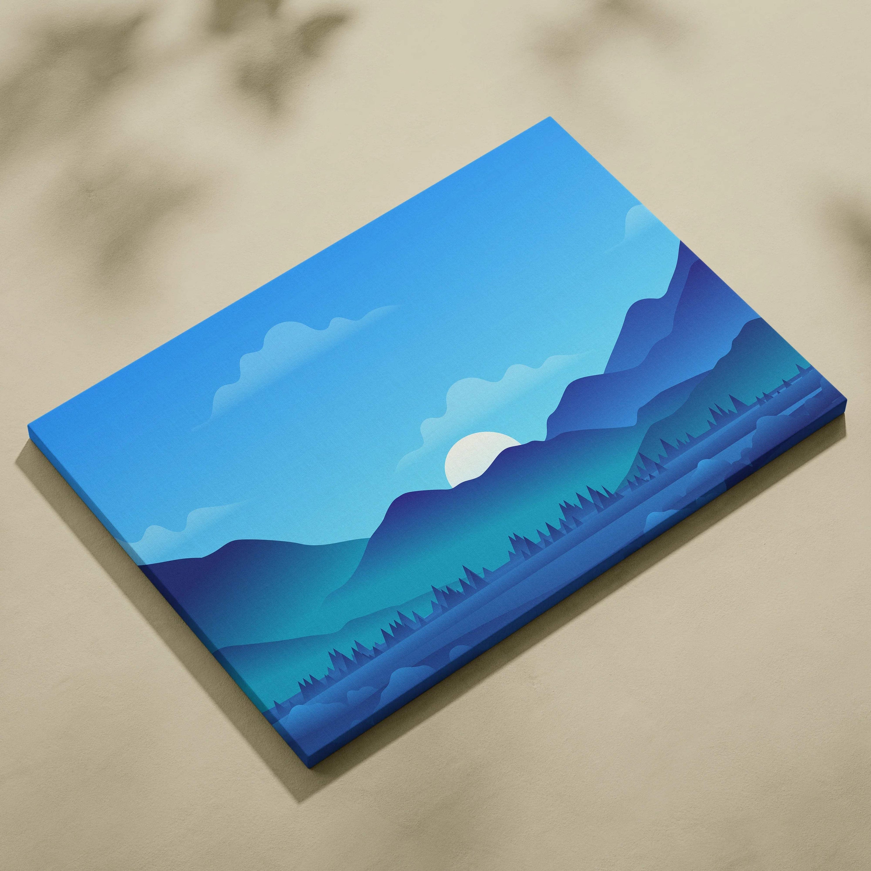 Minimalist blue gradient mountain landscape canvas with sunrise over lake
