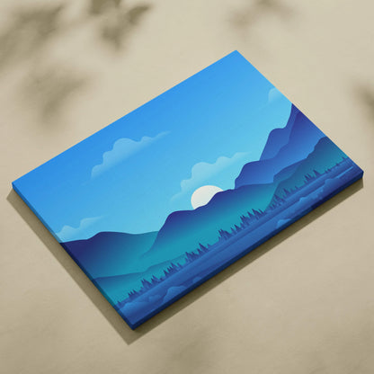 Minimalist blue gradient mountain landscape canvas with sunrise over lake