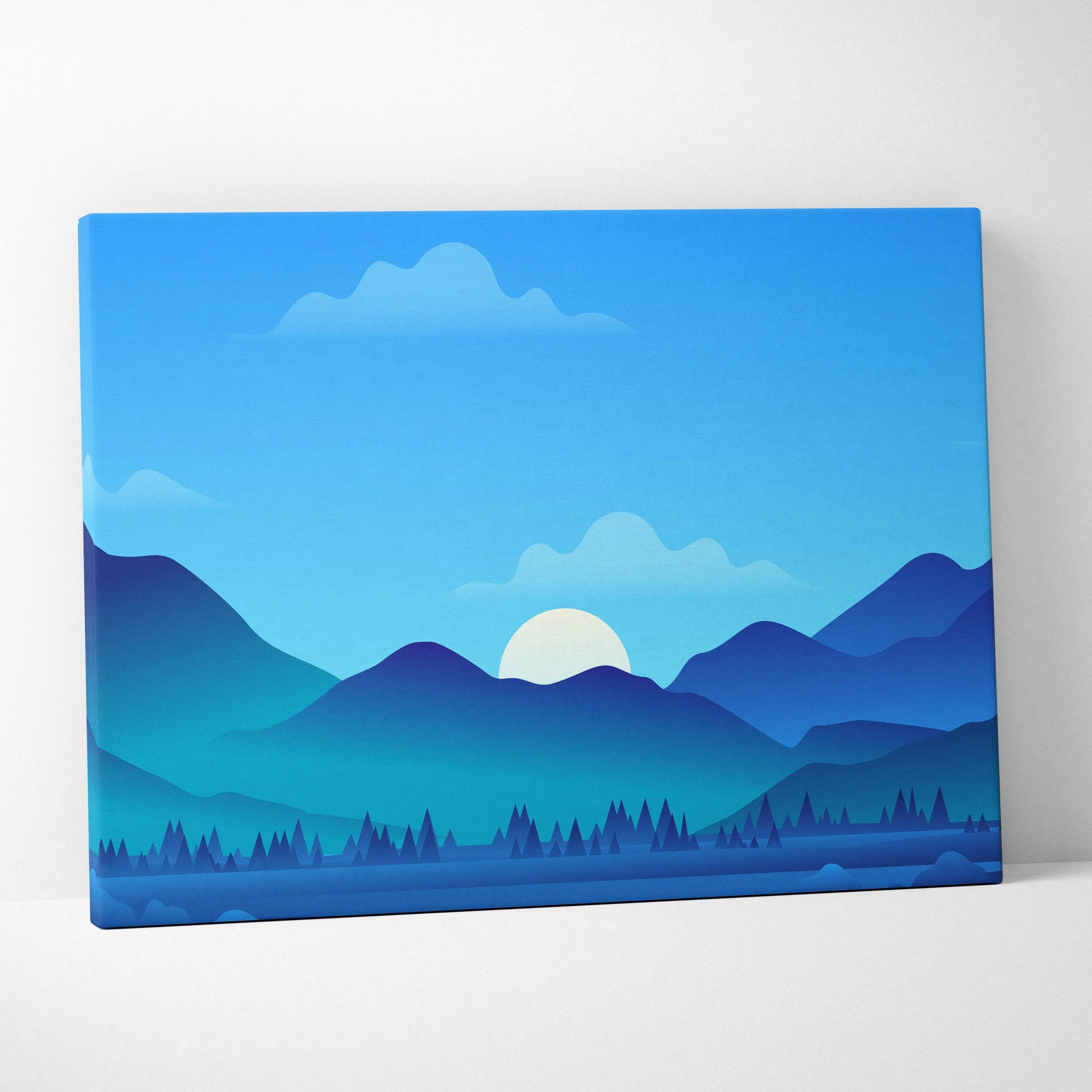 Minimalist blue mountain landscape canvas print with sunrise over serene lake