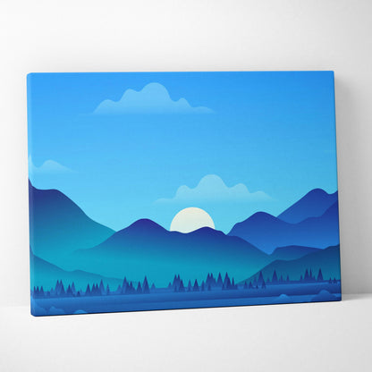 Minimalist blue mountain landscape canvas print with sunrise over serene lake
