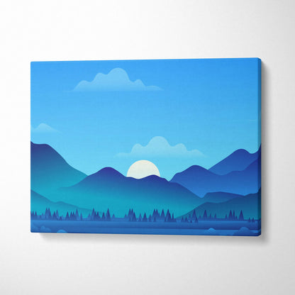 Minimalist blue mountain landscape canvas print with sunrise over serene lake