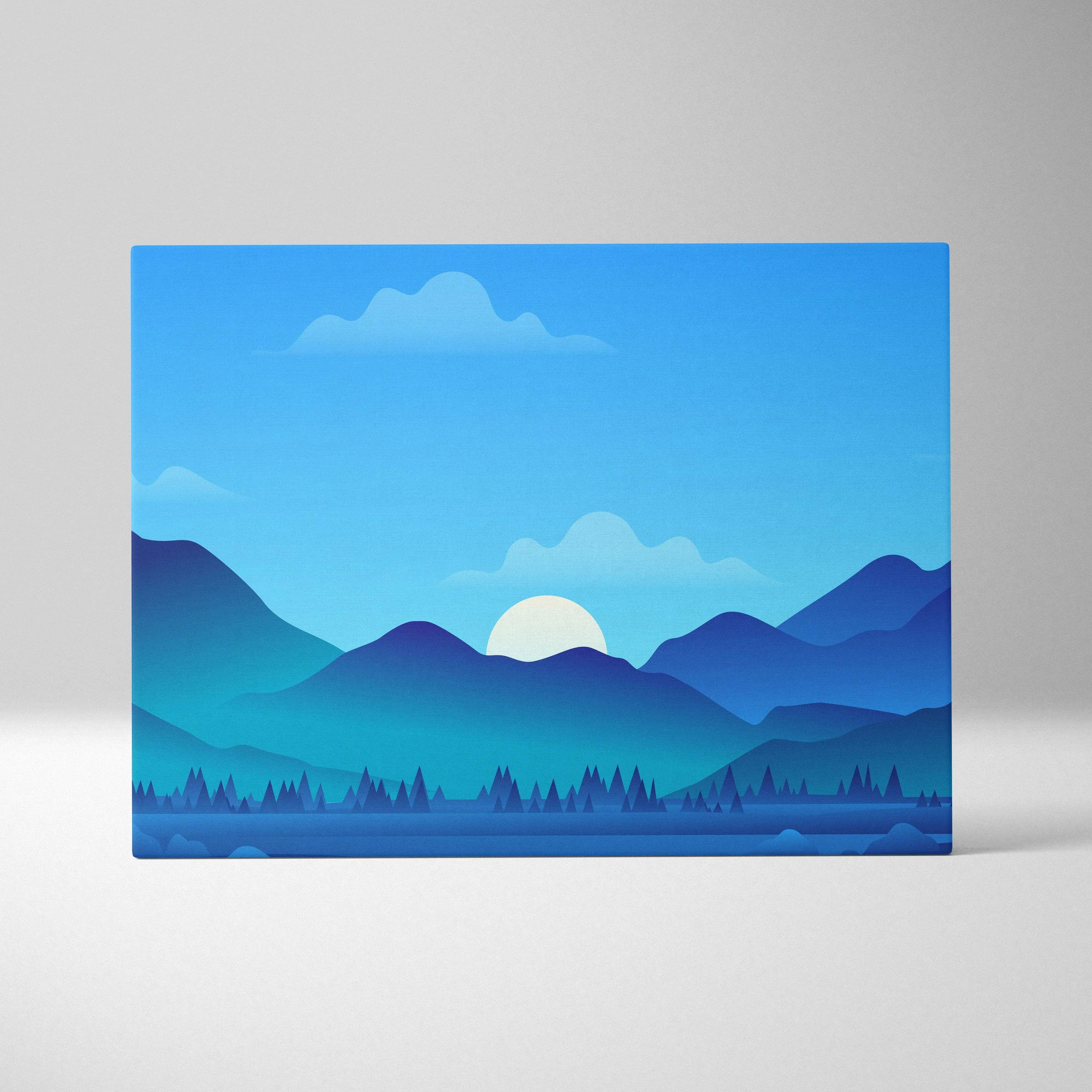 Minimalist blue mountain landscape canvas print with sunrise over serene lake
