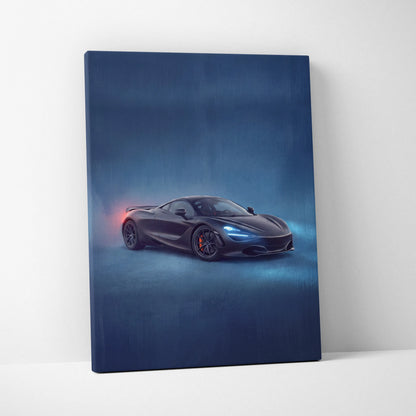 Black mclaren 720s sports car canvas print with glowing blue headlights and red taillight accents luxury wall art