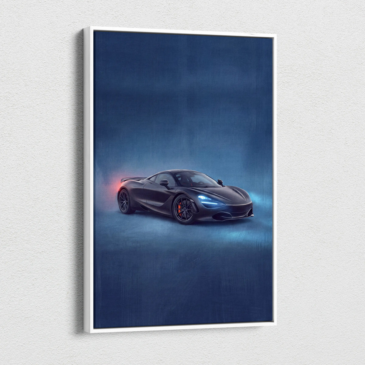 Black mclaren 720s sports car illustration on white-framed canvas print luxury supercar wall art decor