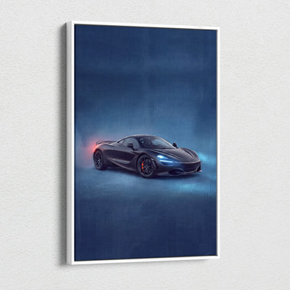 Black mclaren 720s sports car illustration on white-framed canvas print luxury supercar wall art decor