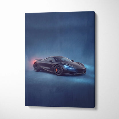 Black mclaren 720s sports car canvas print with glowing blue headlights and red taillights on misty dark blue background