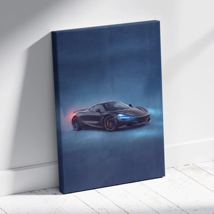 Black mclaren 720s inspired automotive wall art canvas print with glowing blue headlights and red taillight accents
