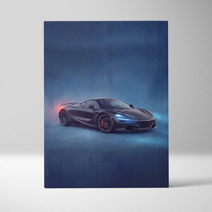 Black McLaren 720S inspired luxury supercar canvas print with glowing blue headlights and red brake calipers on blue backdrop
