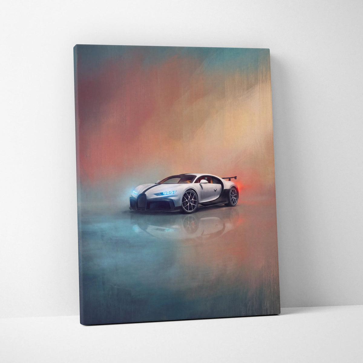 White bugatti chiron pur sport inspired supercar canvas art with glowing blue headlights and red taillights on smoky background