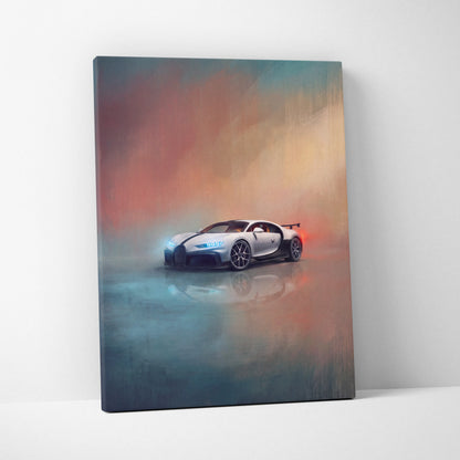 White bugatti chiron pur sport inspired supercar canvas art with glowing blue headlights and red taillights on smoky background