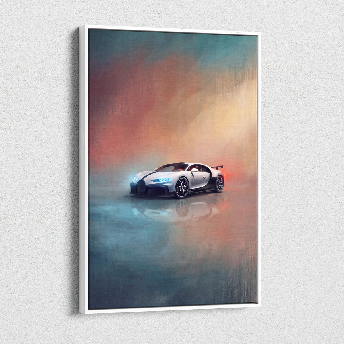 A sleek white bugatti chiron pur sport inspired supercar canvas art with glowing headlights and dynamic sky background