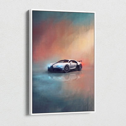 A sleek white bugatti chiron pur sport inspired supercar canvas art with glowing headlights and dynamic sky background
