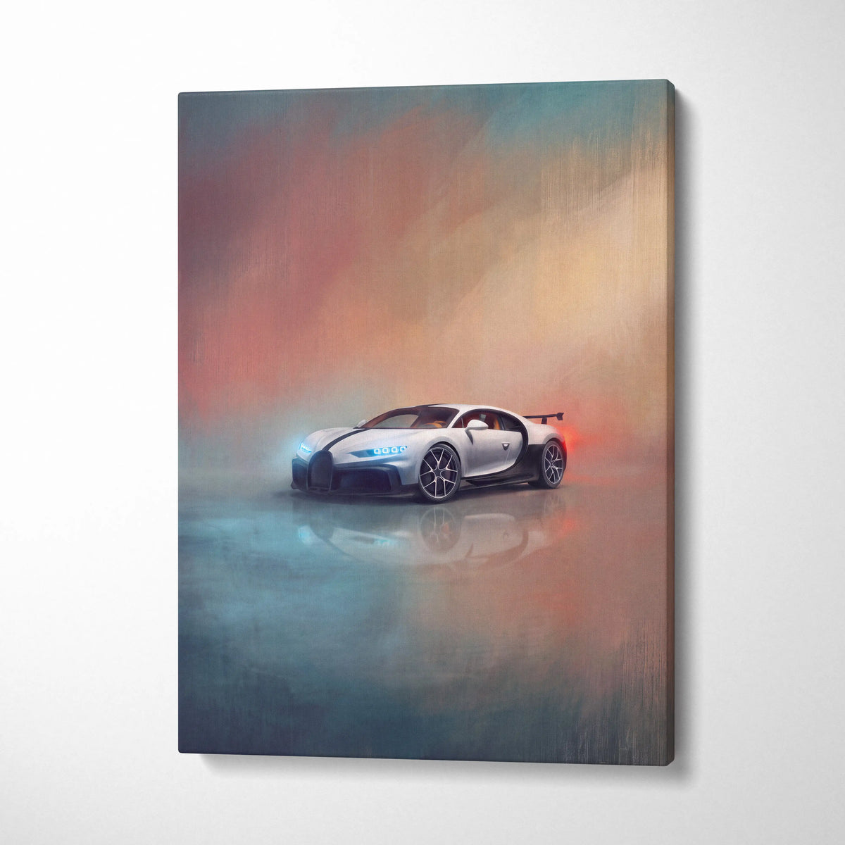 White and black Bugatti Chiron Pur Sport inspired supercar canvas art print with stylized painterly design