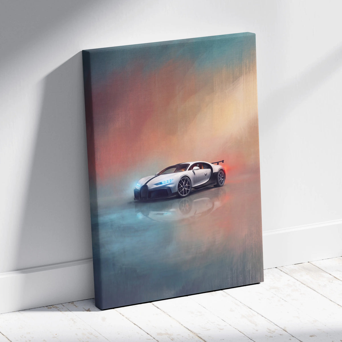 A sleek silver Bugatti Chiron Pur Sport inspired supercar stylized painting on a stretched canvas wall art print