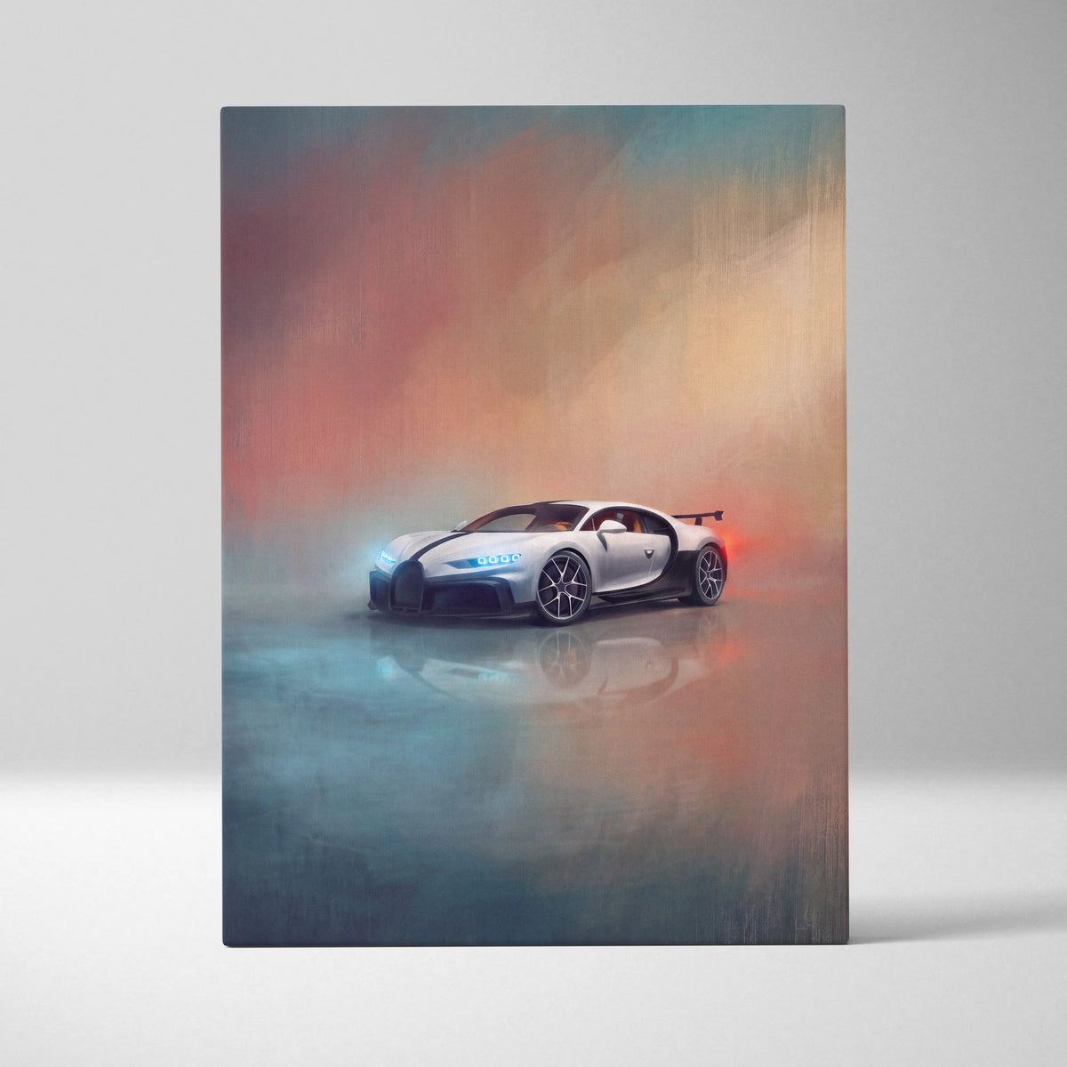 Bugatti chiron pur sport inspired supercar canvas art featuring a stylized white and black bugatti chiron with glowing headlights