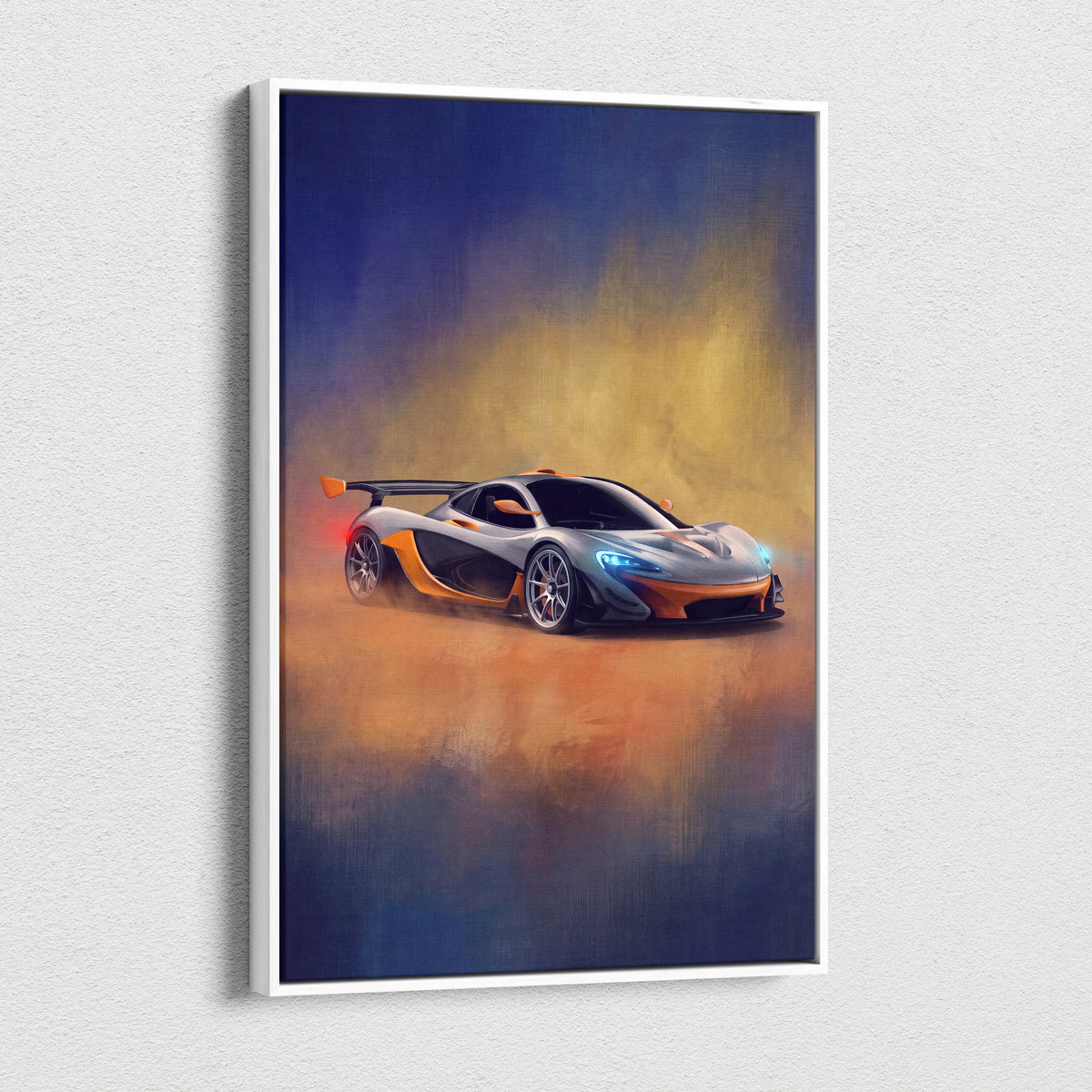 A sleek silver and orange mclaren p1 sports car stylized painting in a white frame premium automotive wall decor