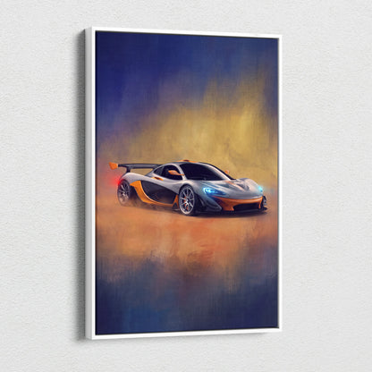 A sleek silver and orange mclaren p1 sports car stylized painting in a white frame premium automotive wall decor