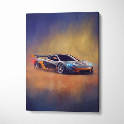 A sleek silver and orange McLaren P1 canvas print with glowing blue headlights in motion for premium wall decor