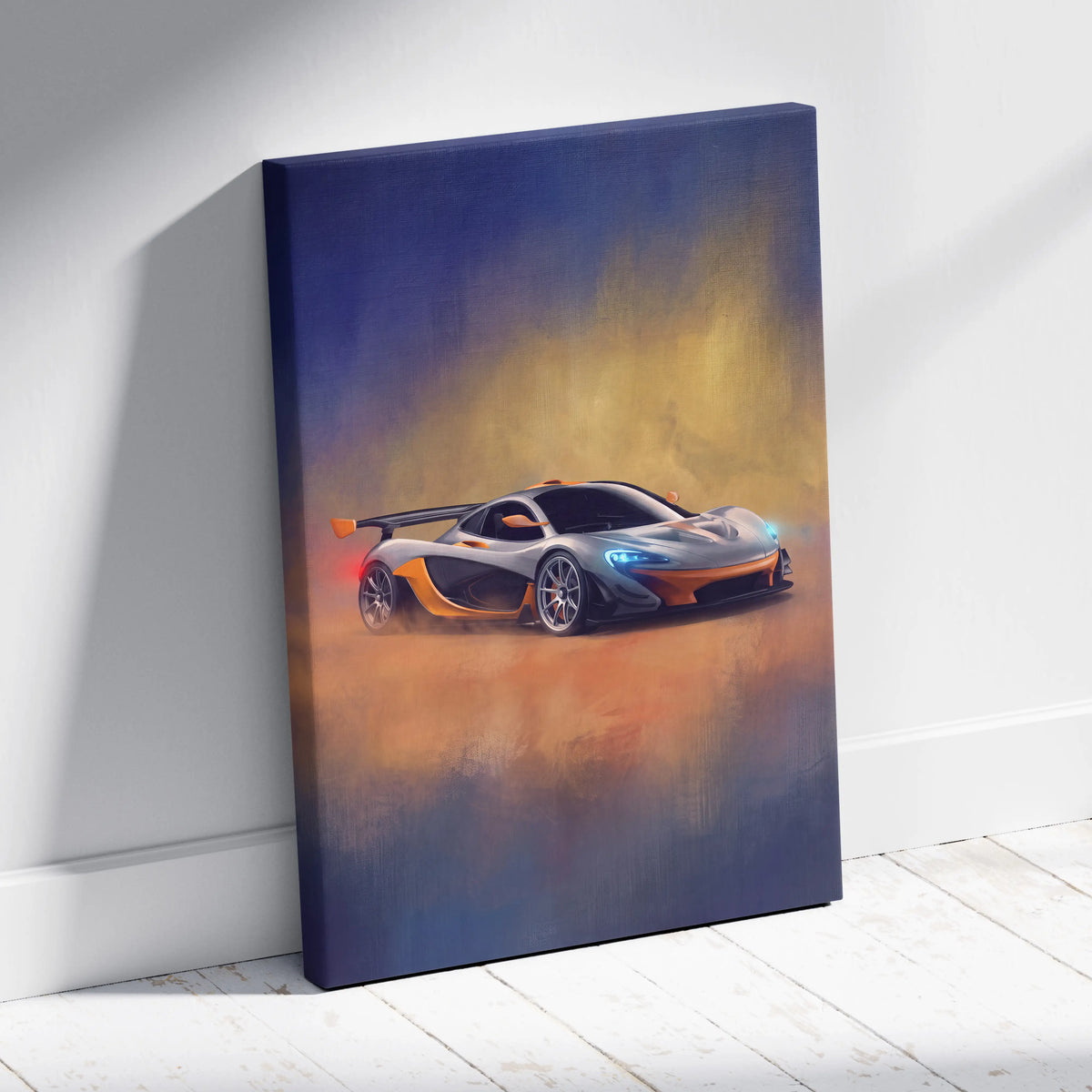 A vibrant canvas print of a silver and orange McLaren P1 with glowing blue headlights on a gradient sky background