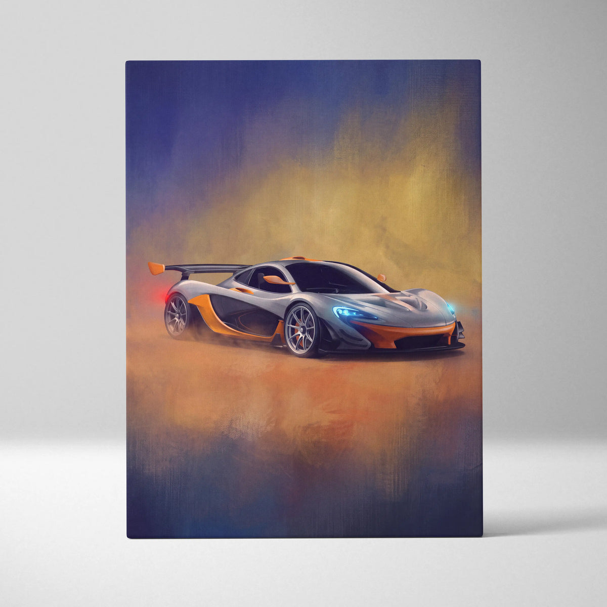 Silver and orange mclaren p1 inspired canvas art featuring premium automotive wall decor for car enthusiasts