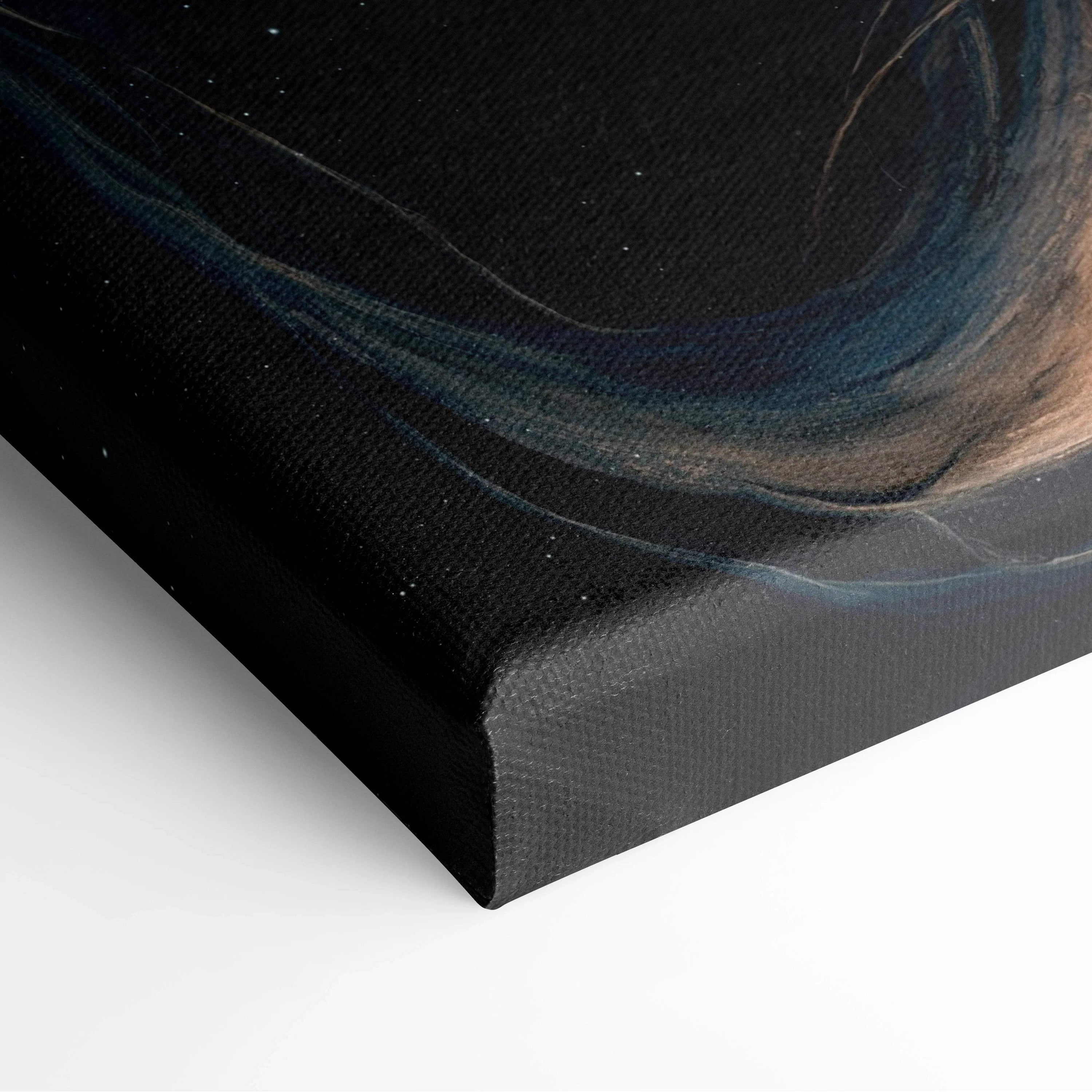Black canvas print of surreal space scene with Earth entwined by cosmic tree roots in deep blue and amber