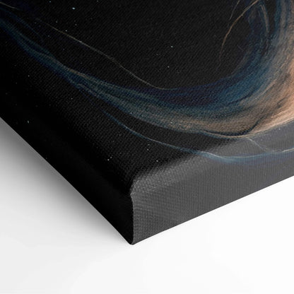 Black canvas print of surreal space scene with Earth entwined by cosmic tree roots in deep blue and amber