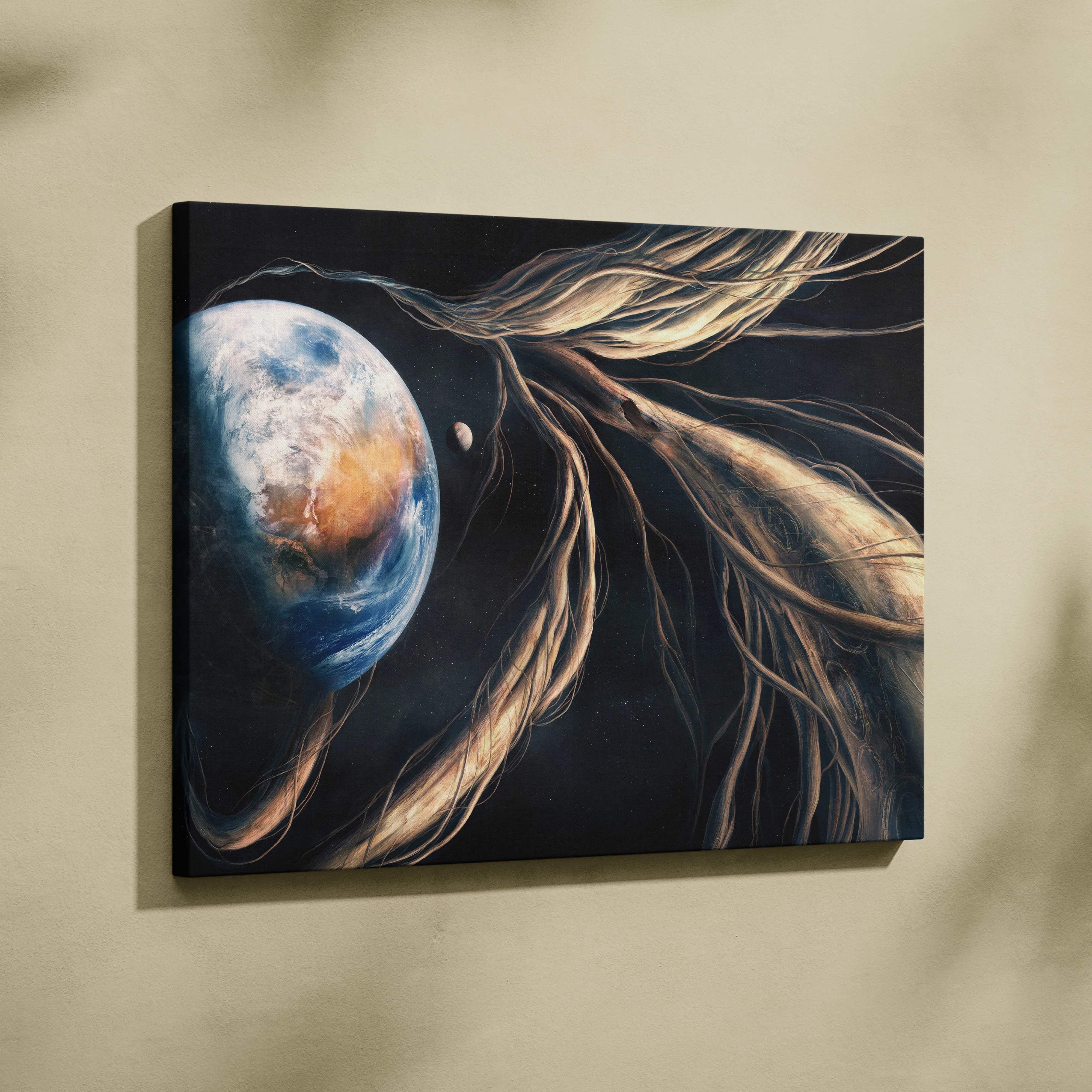 Surreal Earth entwined by golden cosmic tree roots on dark space canvas art