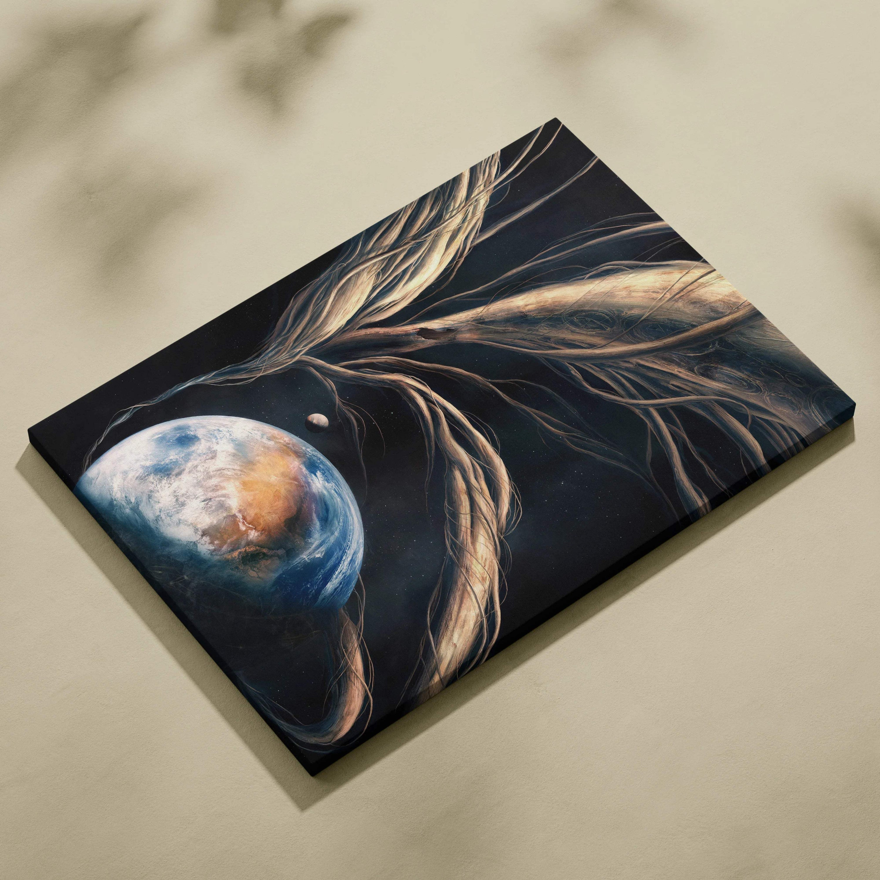 Surreal earth and moon in cosmic tree roots canvas wall art