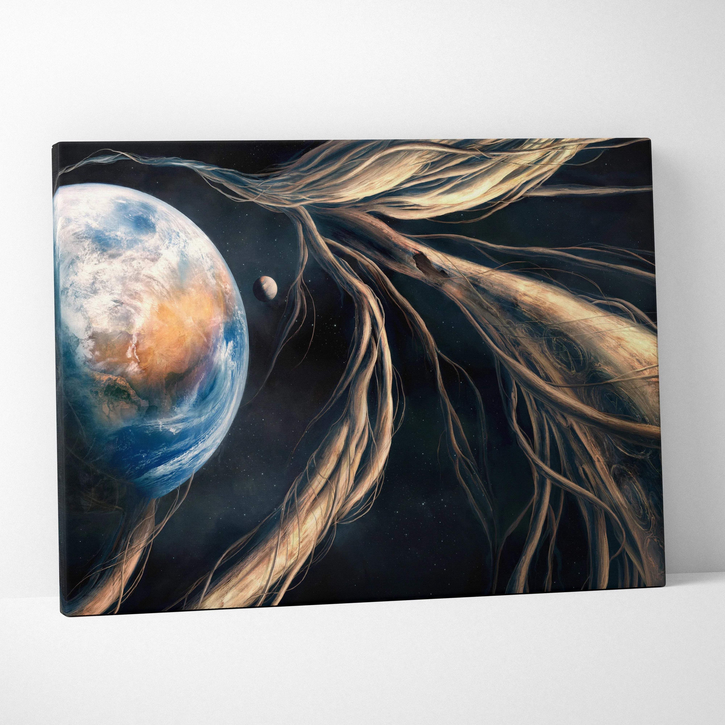 Surreal cosmic tree roots entwining Earth and moon canvas wall art