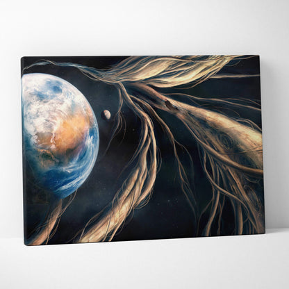 Surreal cosmic tree roots entwining Earth and moon canvas wall art