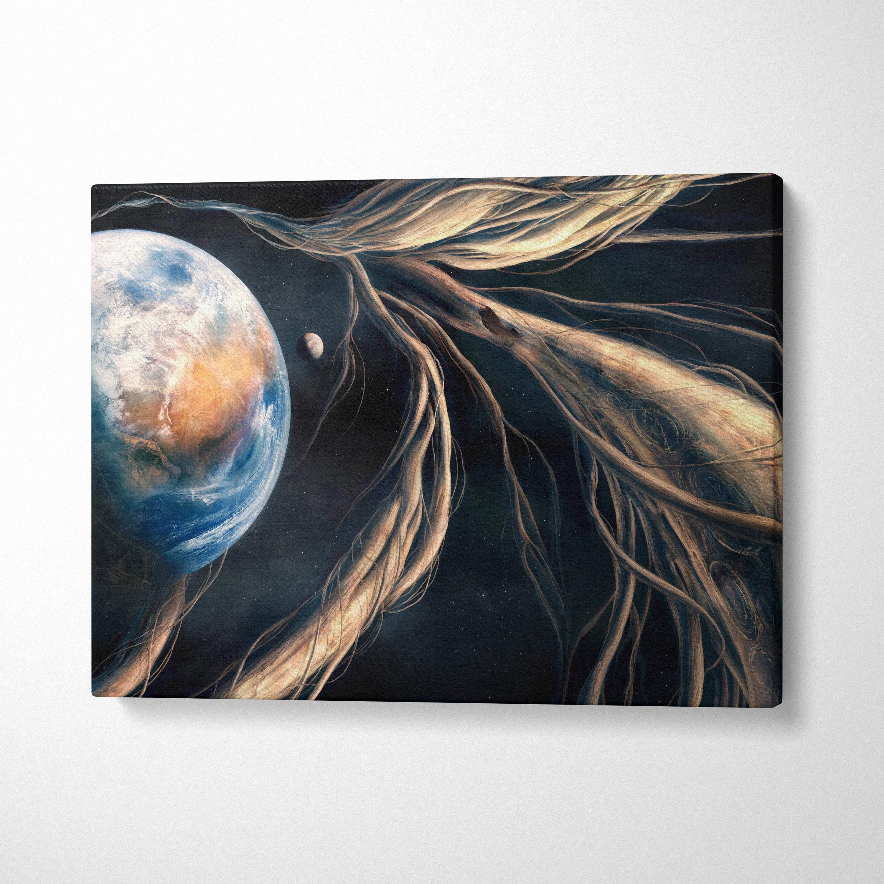 Surreal space canvas art with Earth entwined by cosmic tree roots in black blue amber