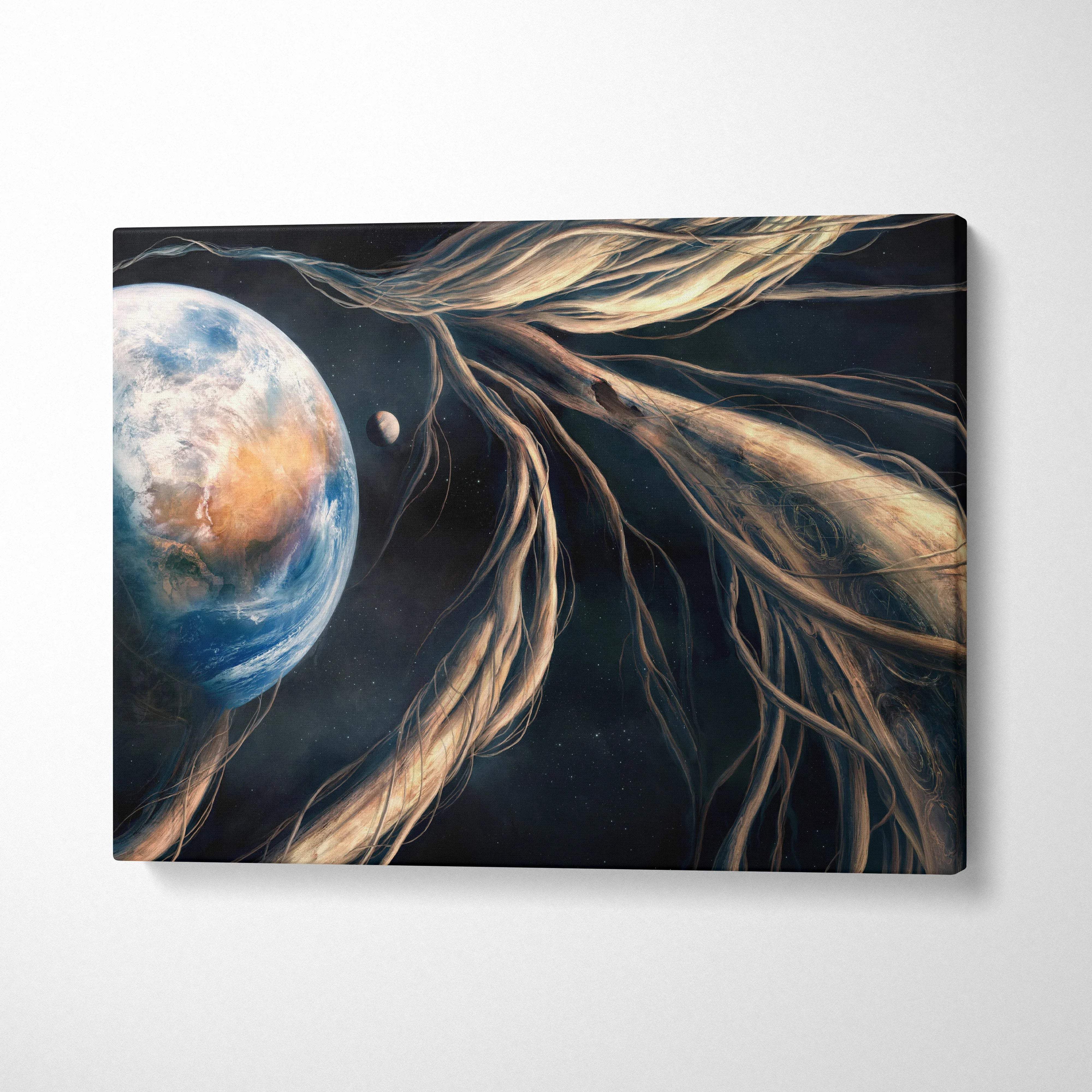 Surreal space canvas art with Earth entwined by cosmic tree roots in black blue amber