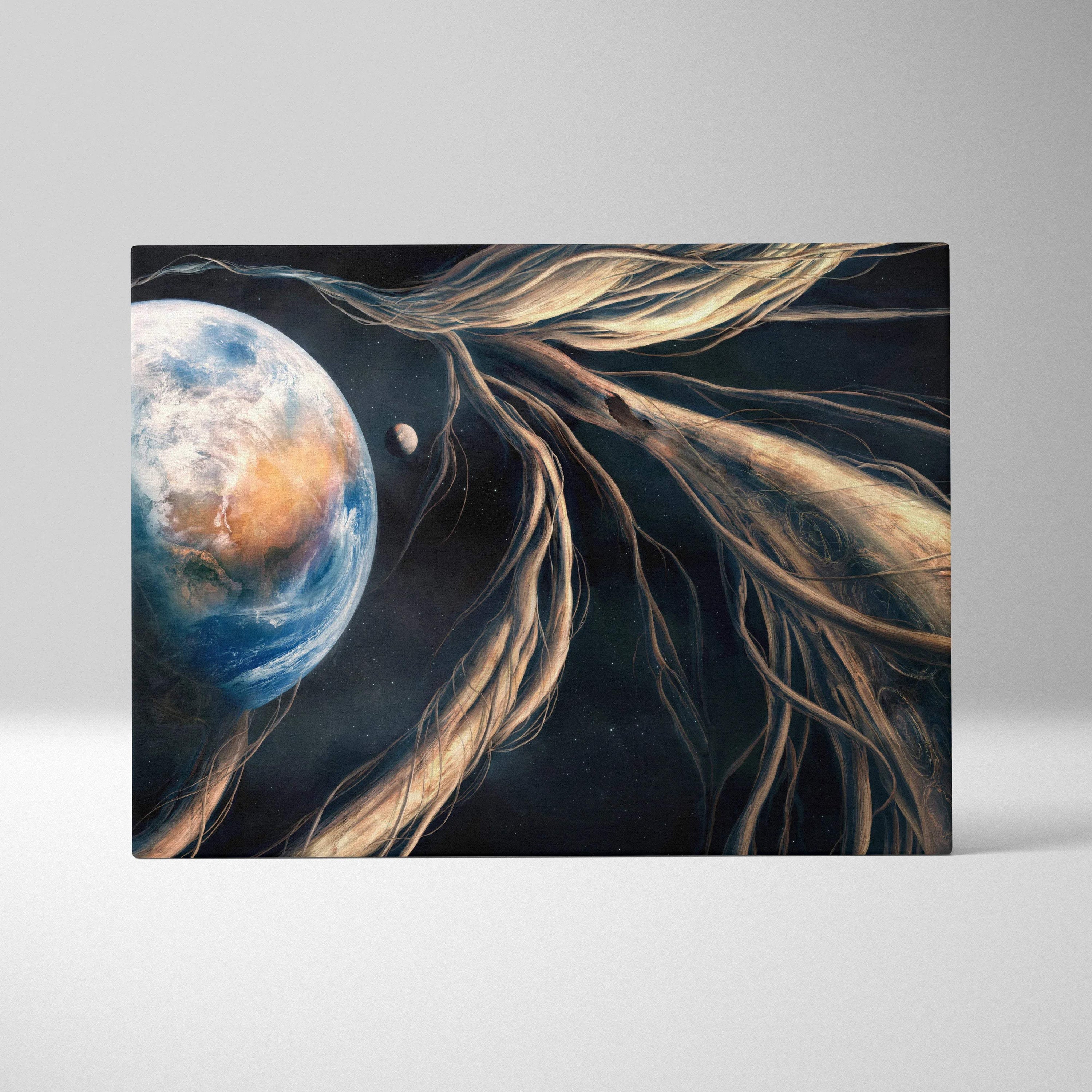 Surreal earth with moon and cosmic tree roots on black starry canvas art