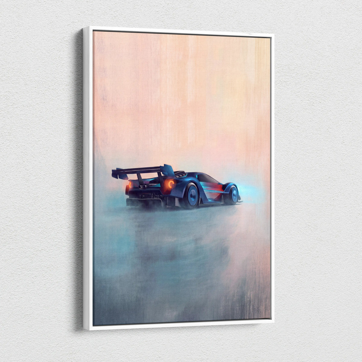 A framed canvas print of a sleek blue and red Ford GT race car with glowing orange taillights speeding through mist