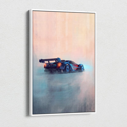 A framed canvas print of a sleek blue and red Ford GT race car with glowing orange taillights speeding through mist