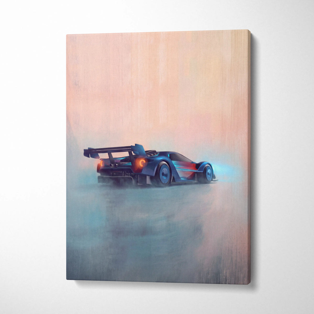 Ford GT race car inspired wall art featuring a blue and red futuristic car on wooden canvas track edition print