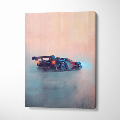 Ford GT race car inspired wall art featuring a blue and red futuristic car on wooden canvas track edition print