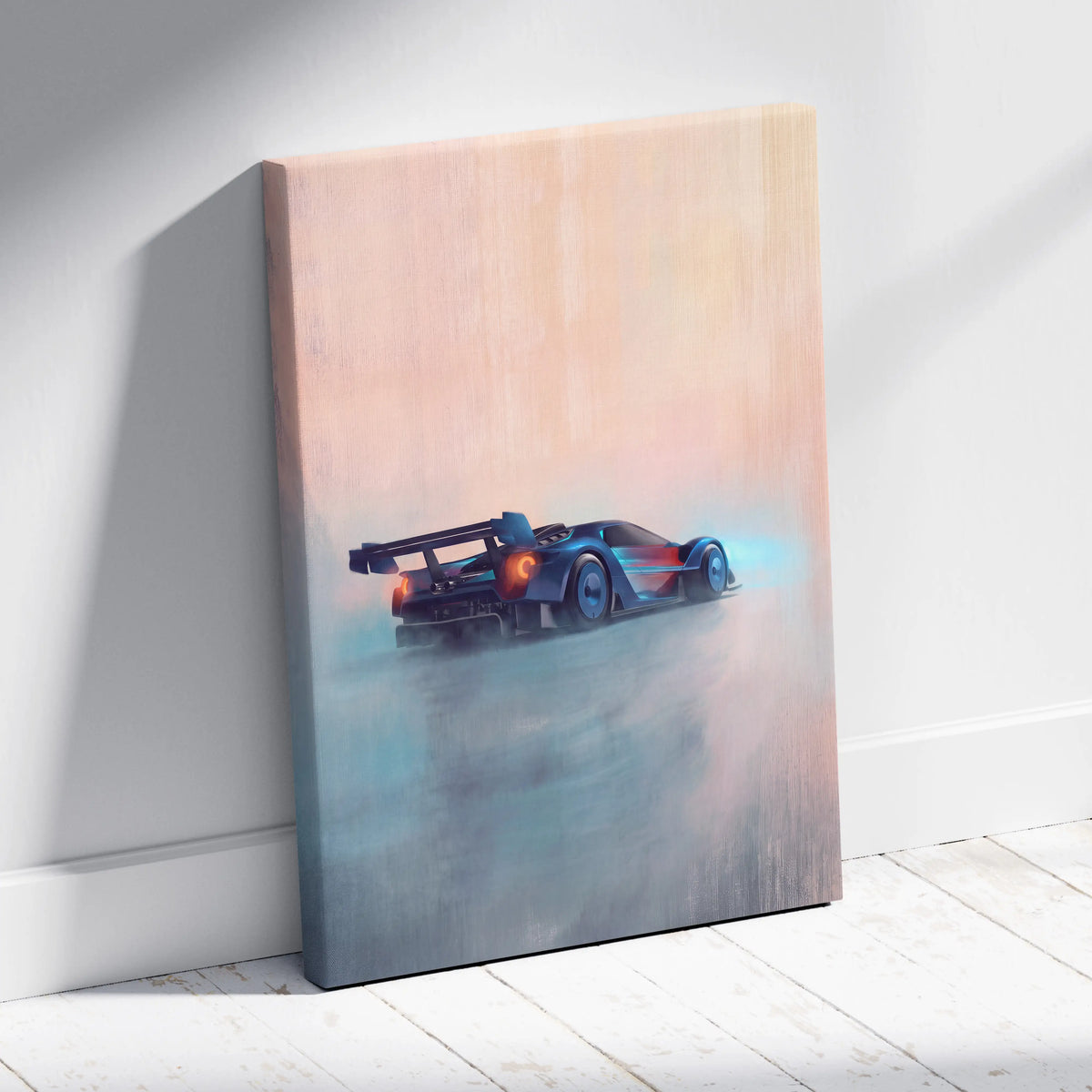 Ford GT race car inspired canvas wall art featuring a sleek blue and red futuristic race car on textured fabric