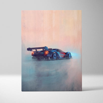 Ford gt race car inspired wall art featuring a sleek dark blue and red race car with glowing orange taillights on canvas