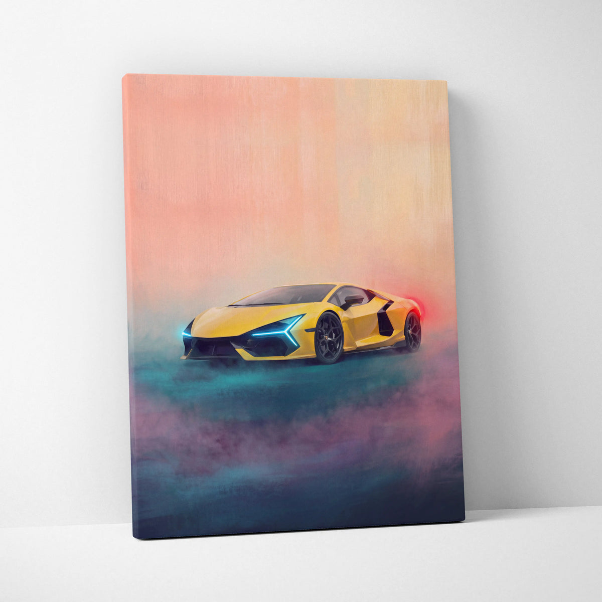 Vibrant yellow lamborghini revuelto inspired luxury supercar canvas print with glowing blue headlights and gradient sky background
