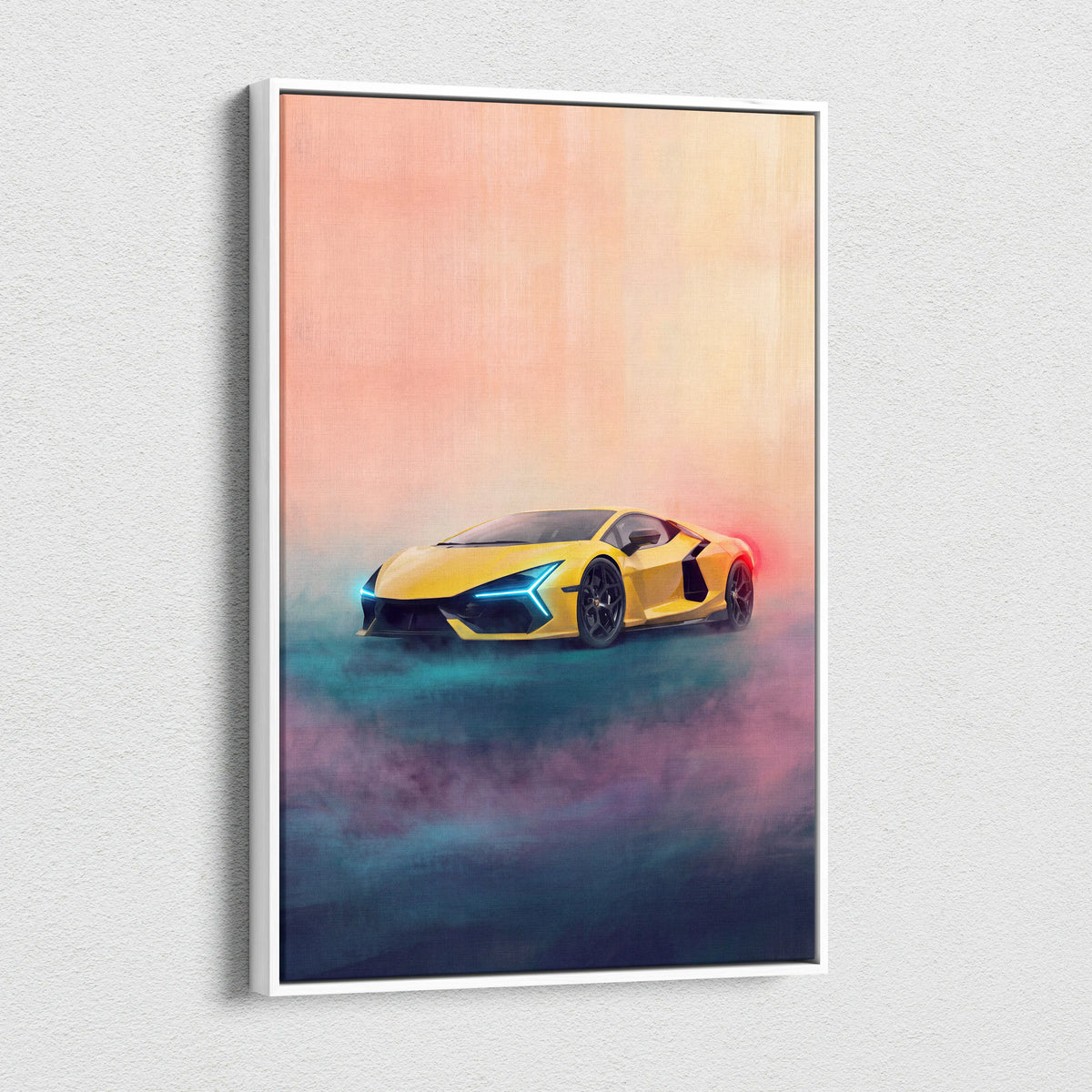 Yellow Lamborghini Revuelto inspired sports car illustration in white frame luxury supercar canvas wall art