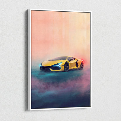 Yellow Lamborghini Revuelto inspired sports car illustration in white frame luxury supercar canvas wall art